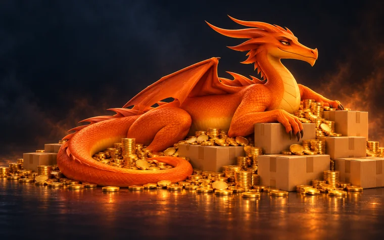 The SellerDragon mascot guarding a hoard of gold coins